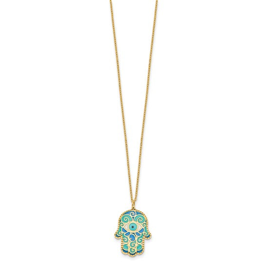 14K Blue Enamel Hamsa